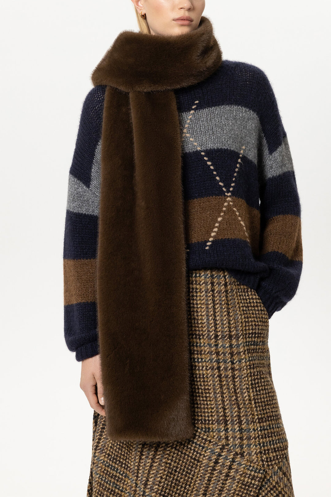 Luisa Cerano Caramel Brown Faux Fur Scarf 848585-4212 0760, styled on model