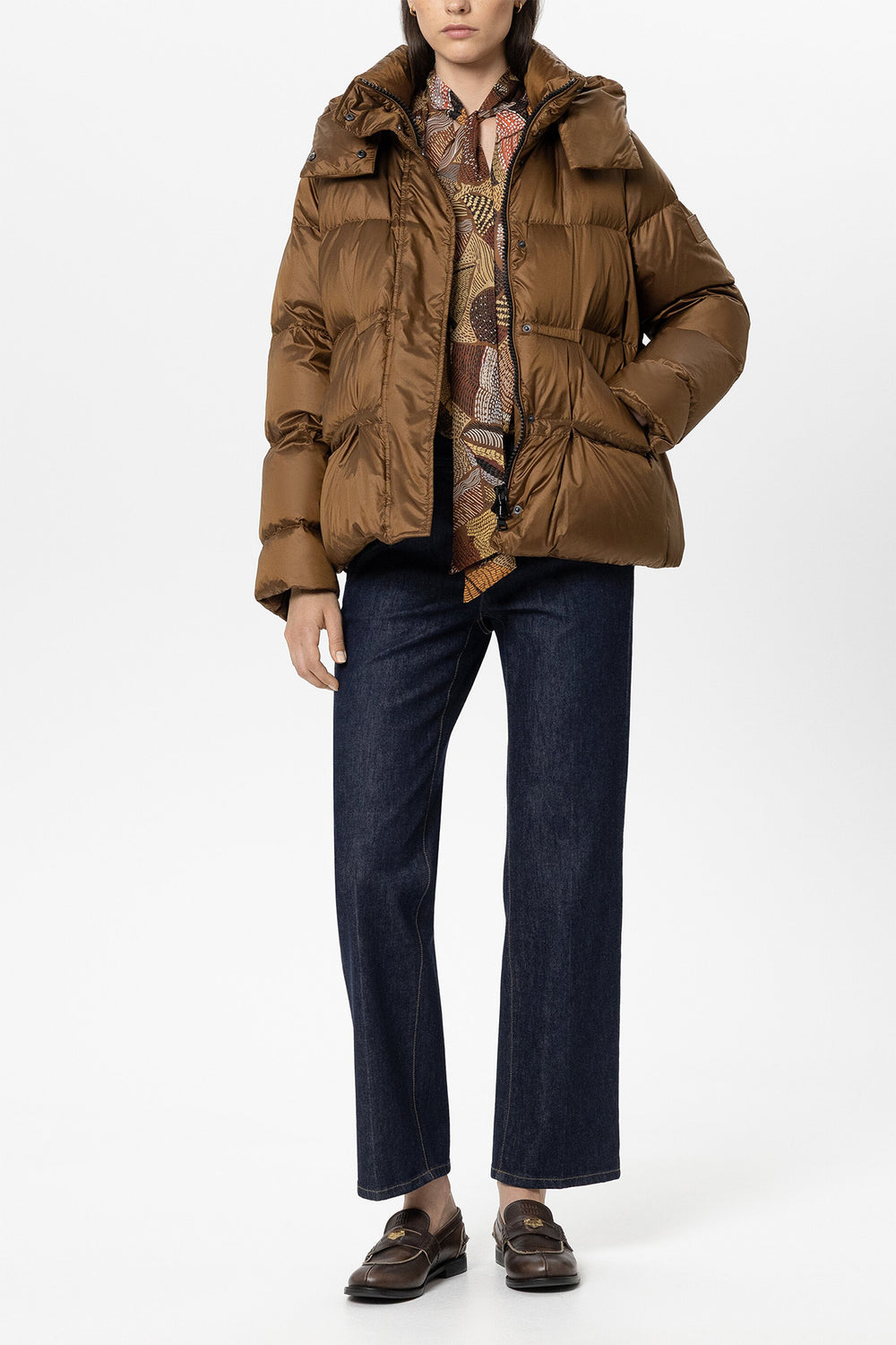Luisa Cerano Caramel Brown Hooded Down Jacket 448554-4144 0760, full length front view