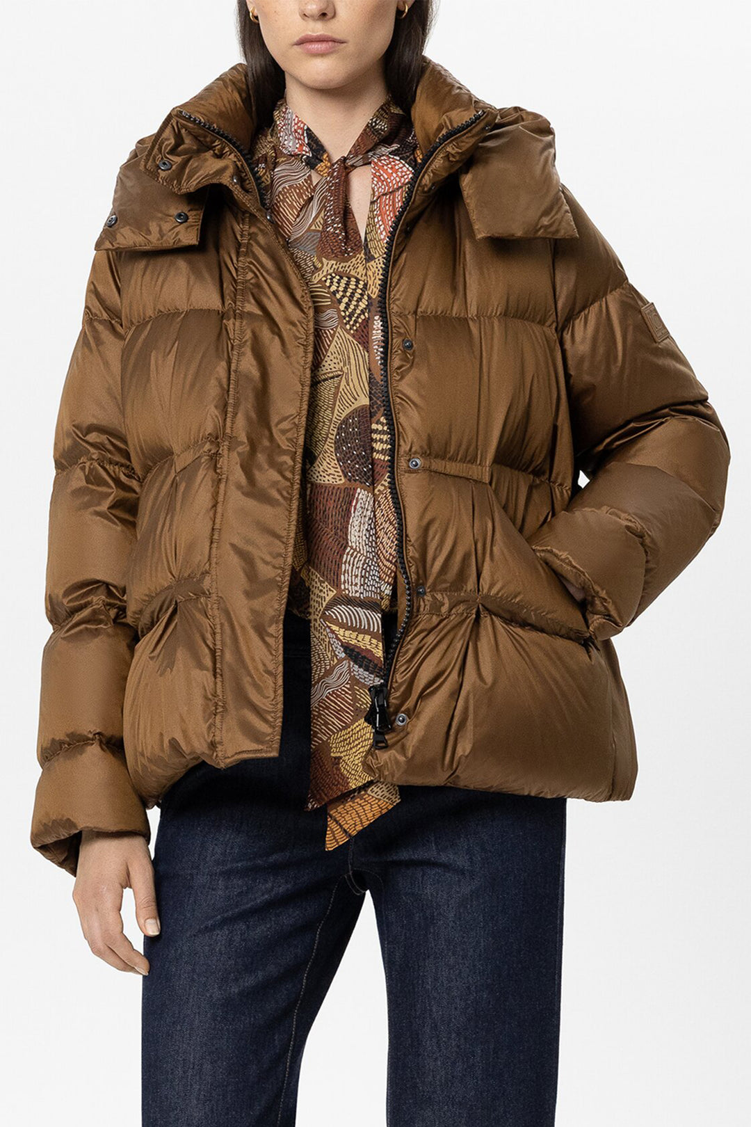 Luisa Cerano Caramel Brown Hooded Down Jacket 448554-4144 0760, model front view