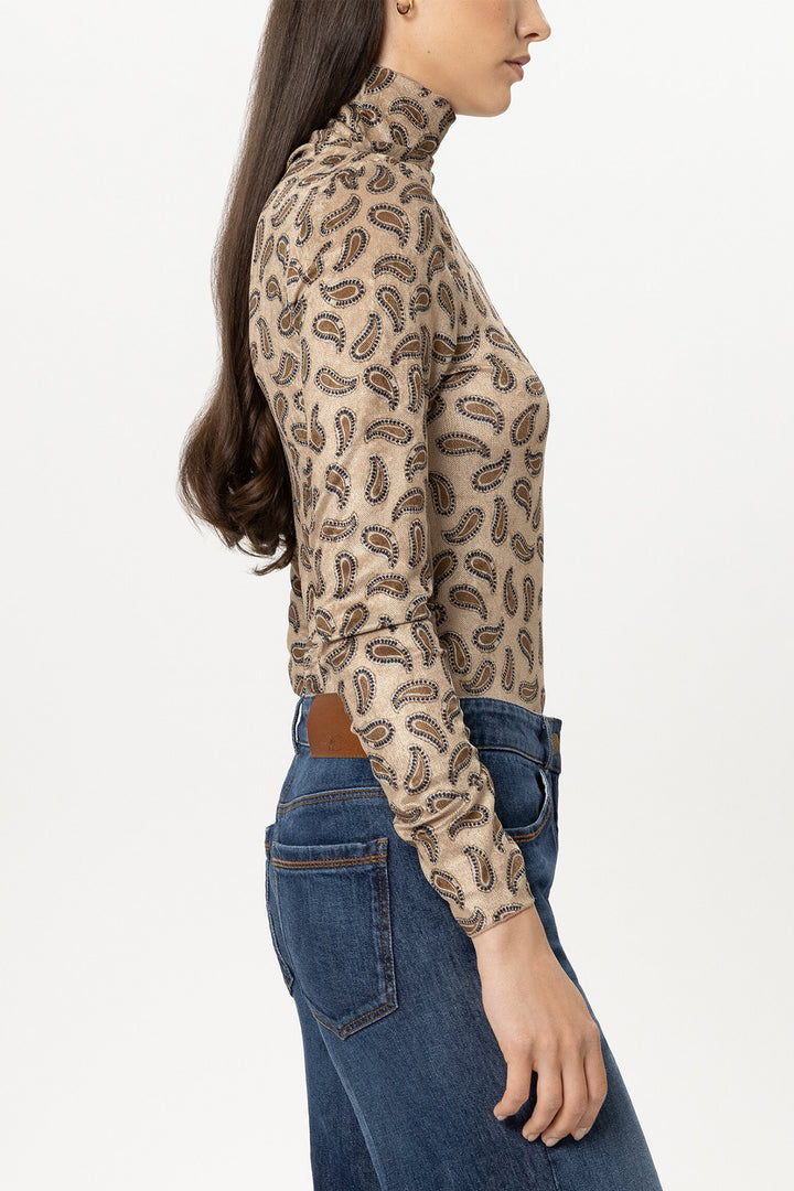 Luisa Cerano Caramel Brown Paisley Roll Neck Top 348438-7977 7179, side view