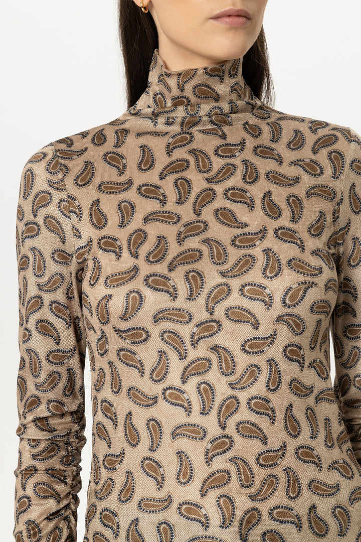 Luisa Cerano Caramel Brown Paisley Roll Neck Top 348438-7977 7179, close-up detail
