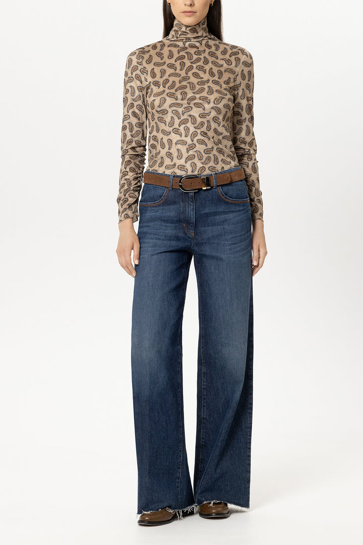 Luisa Cerano Caramel Brown Paisley Roll Neck Top 348438-7977 7179, full length front view