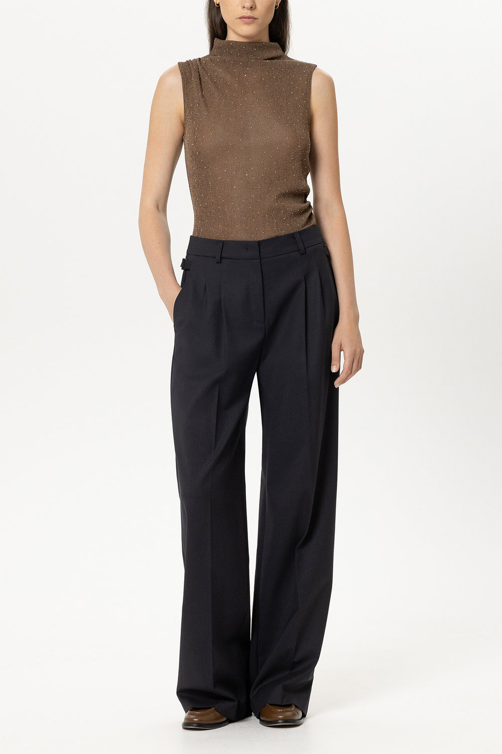 Luisa Cerano Caramel Brown Sleeveless Roll Neck Top 348433-7978 7609, full length front view