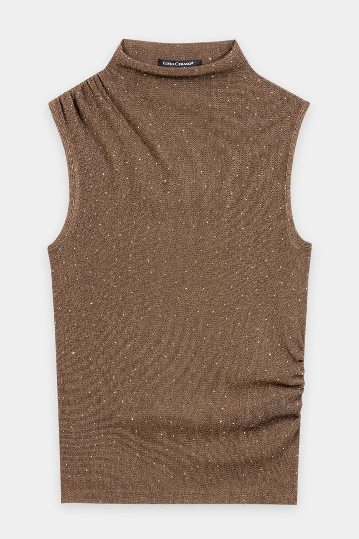 Luisa Cerano Caramel Brown Sleeveless Roll Neck Top 348433-7978 7609, front packshot