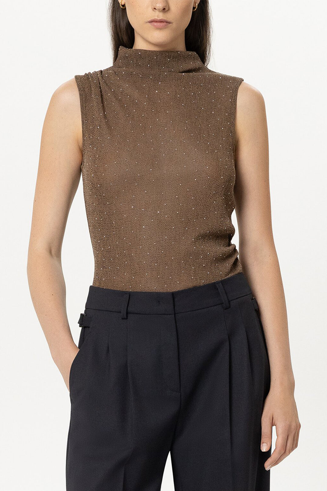 Luisa Cerano Caramel Brown Sleeveless Roll Neck Top 348433-7978 7609, model front view