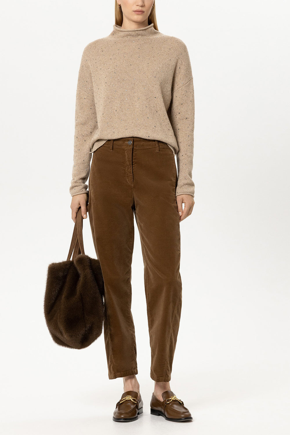 Luisa Cerano Caramel Brown Velvet Trousers 648951-3577 0760, full length front view