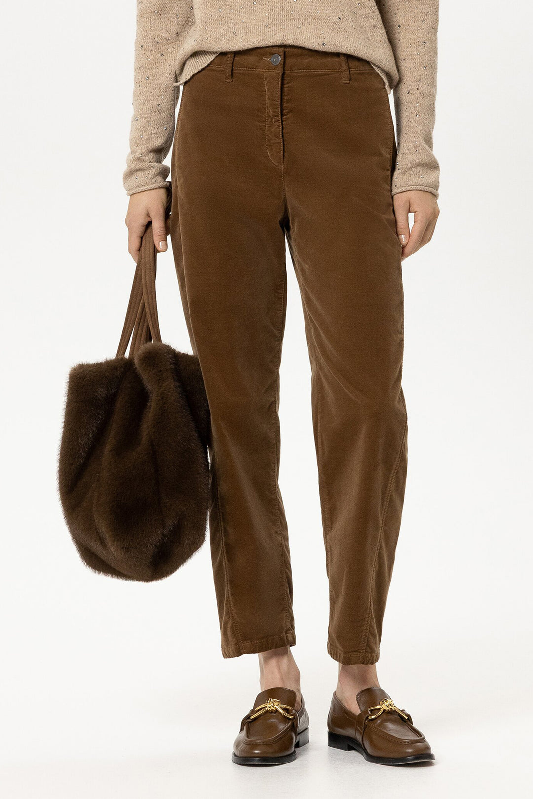 Luisa Cerano Caramel Brown Velvet Trousers 648951-3577 0760, model front view