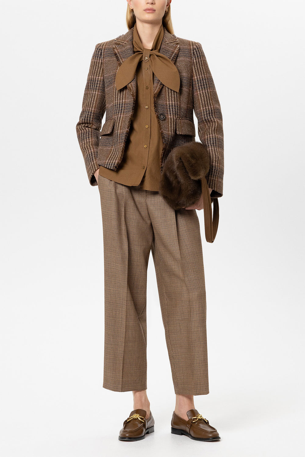 Luisa Cerano Multi Check Brown One-Button Blazer 448134-3895 7609, full length front view