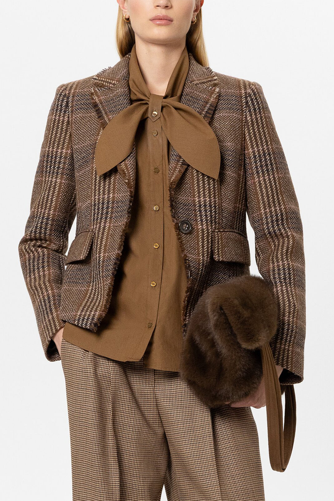 Luisa Cerano Multi Check Brown One-Button Blazer 448134-3895 7609, model front view