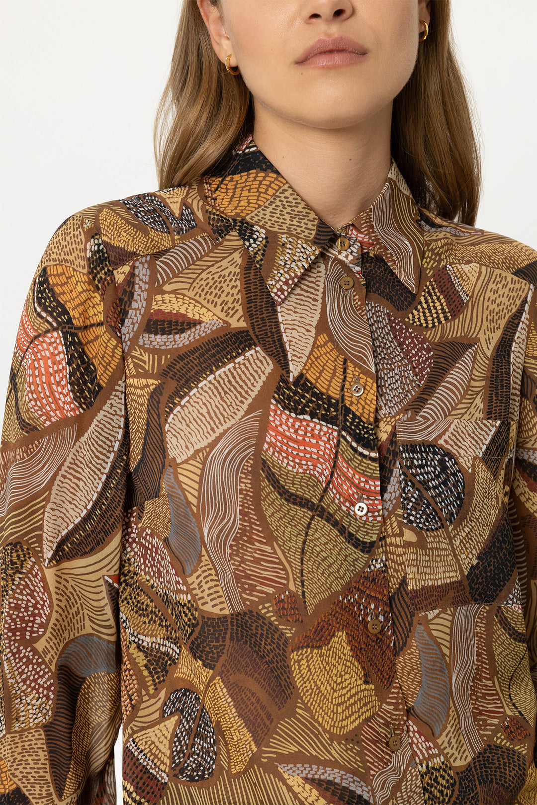 Luisa Cerano Multi Ethnic Print Brown Blouse 248759-3887 7609, close-up detail