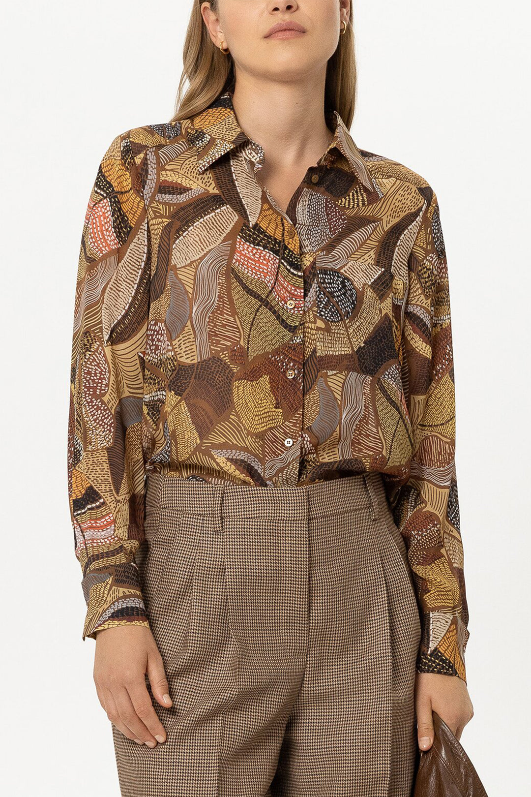 Luisa Cerano Multi Ethnic Print Brown Blouse 248759-3887 7609, model front view