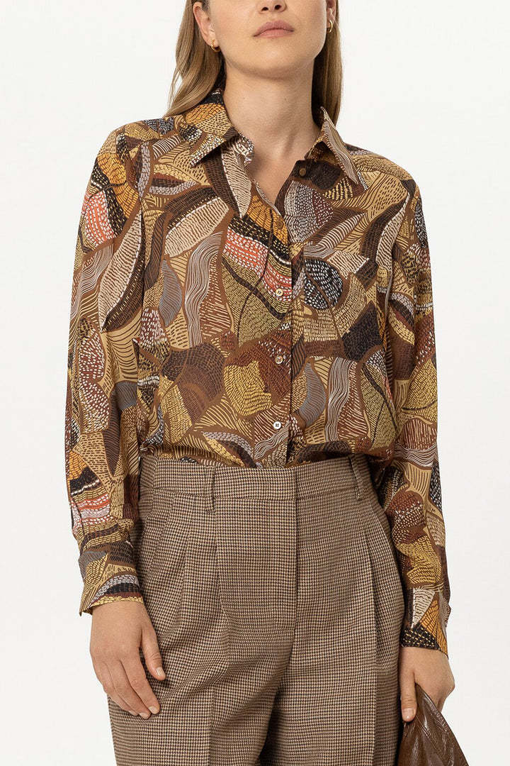 Luisa Cerano Multi Ethnic Print Brown Blouse 248759-3887 7609, model front view