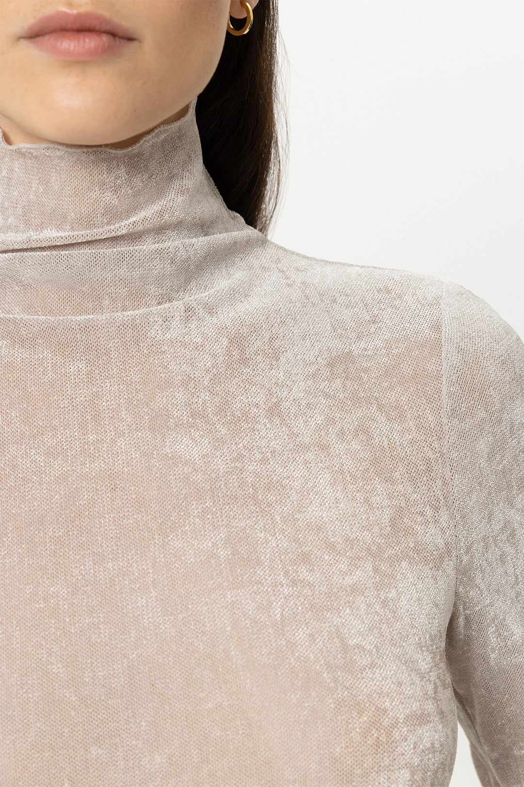 Luisa Cerano Pearl Beige Velvet Roll Neck Top 348424/7972 0123, roll neck and velvet detail