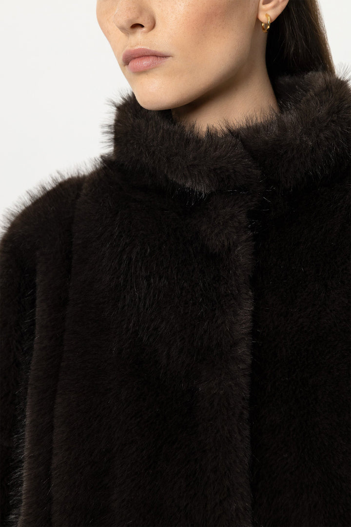 Luisa Cerano Truffle Brown Faux Fur Jacket 448553/4218 0795, stand collar and fur pile detail