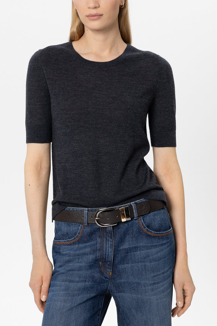 Luisa Cerano Truffle Brown Leather Belt 848580/9465 0795, styled with jeans