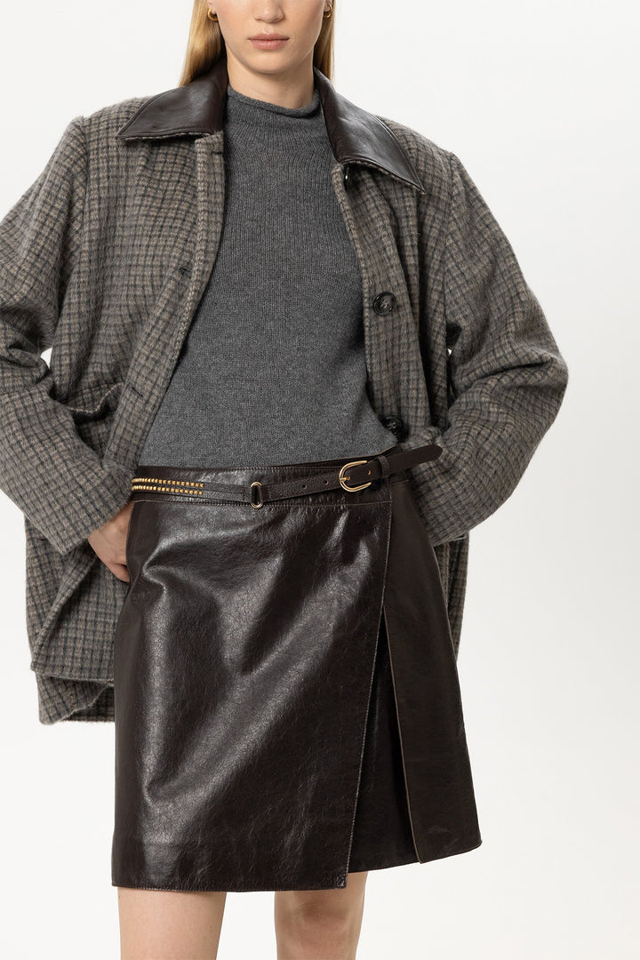 Luisa Cerano Truffle Brown Studded Leather Belt 848574/9465 0795, styled with leather skirt