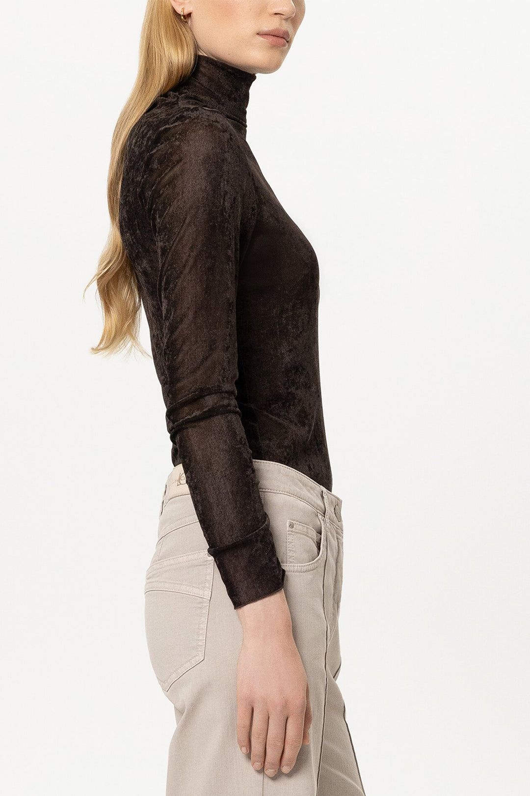 Luisa Cerano Truffle Brown Velvet Roll Neck Top 348424/7972 0795, side view