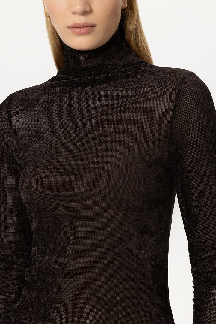 Luisa Cerano Truffle Brown Velvet Roll Neck Top 348424/7972 0795, roll neck and velvet detail