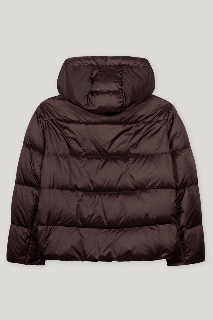 Brown puffer jacket on a light gray background