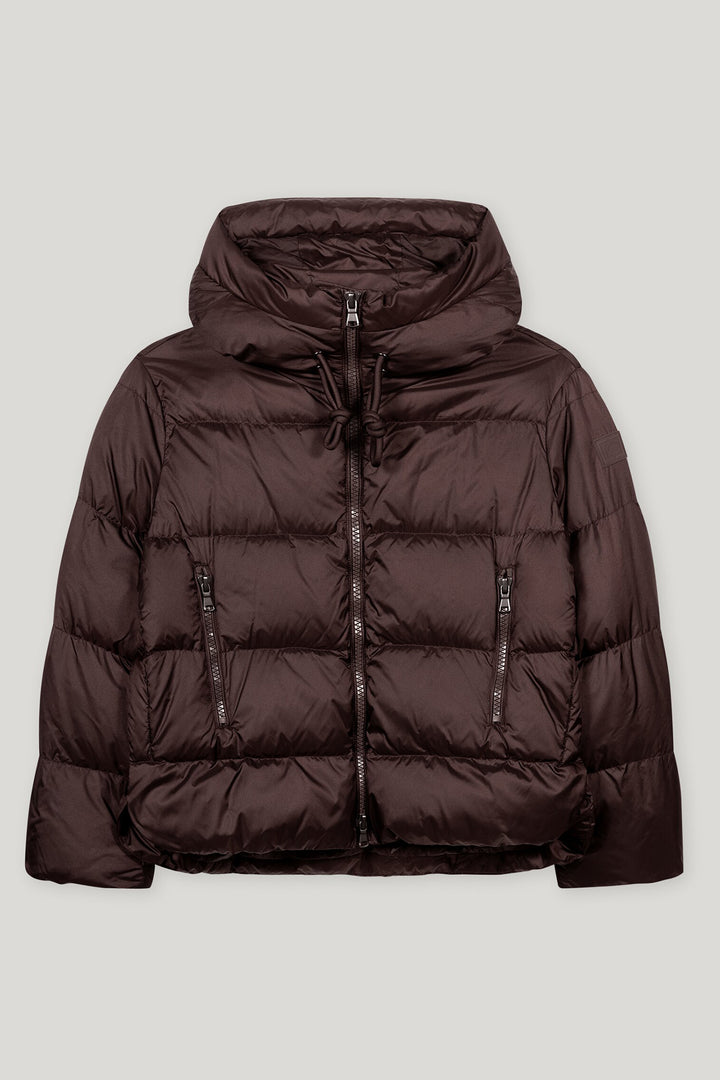 Brown puffer jacket on a light gray background