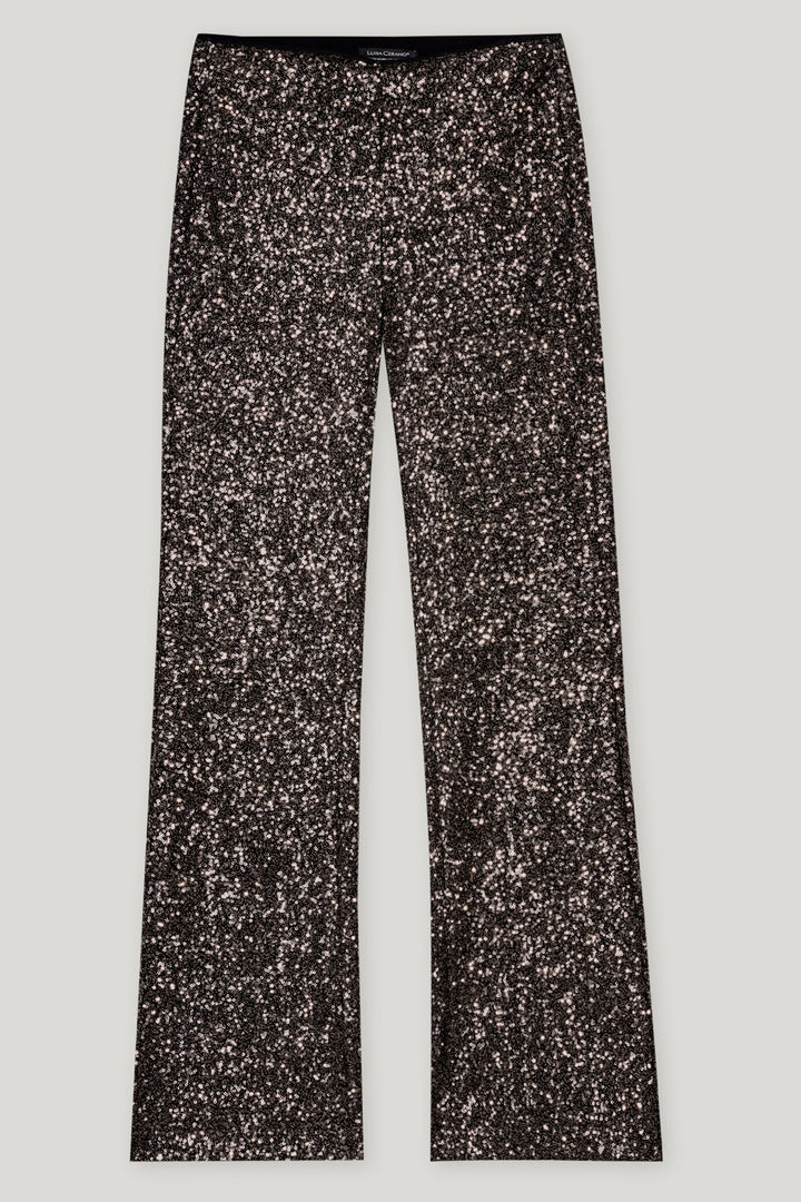 Black pants with a subtle pattern on a light gray background