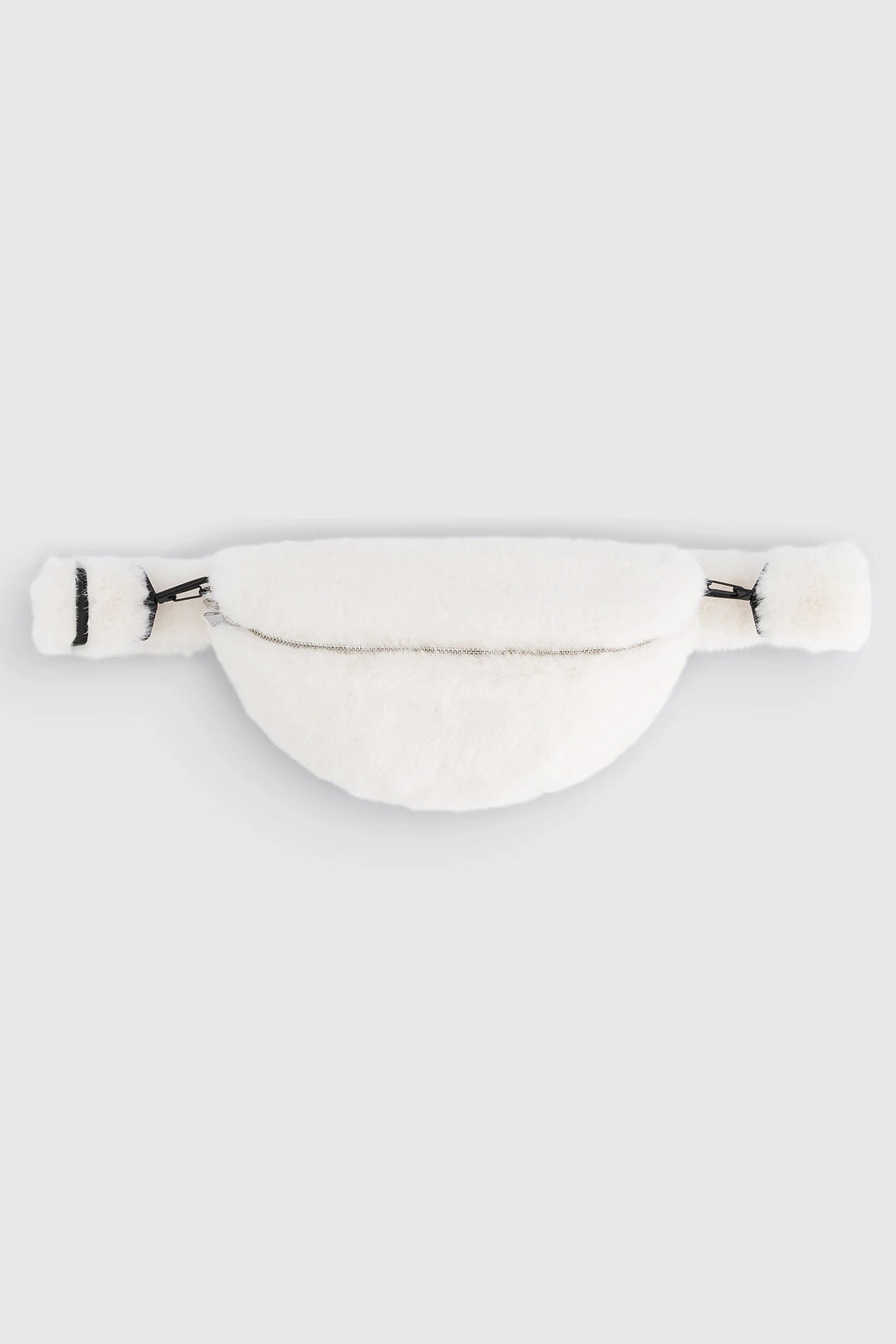 White waist bag with black accents on a light gray background