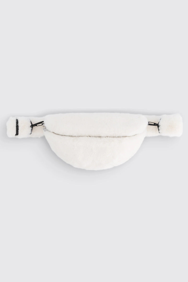 White waist bag with black accents on a light gray background