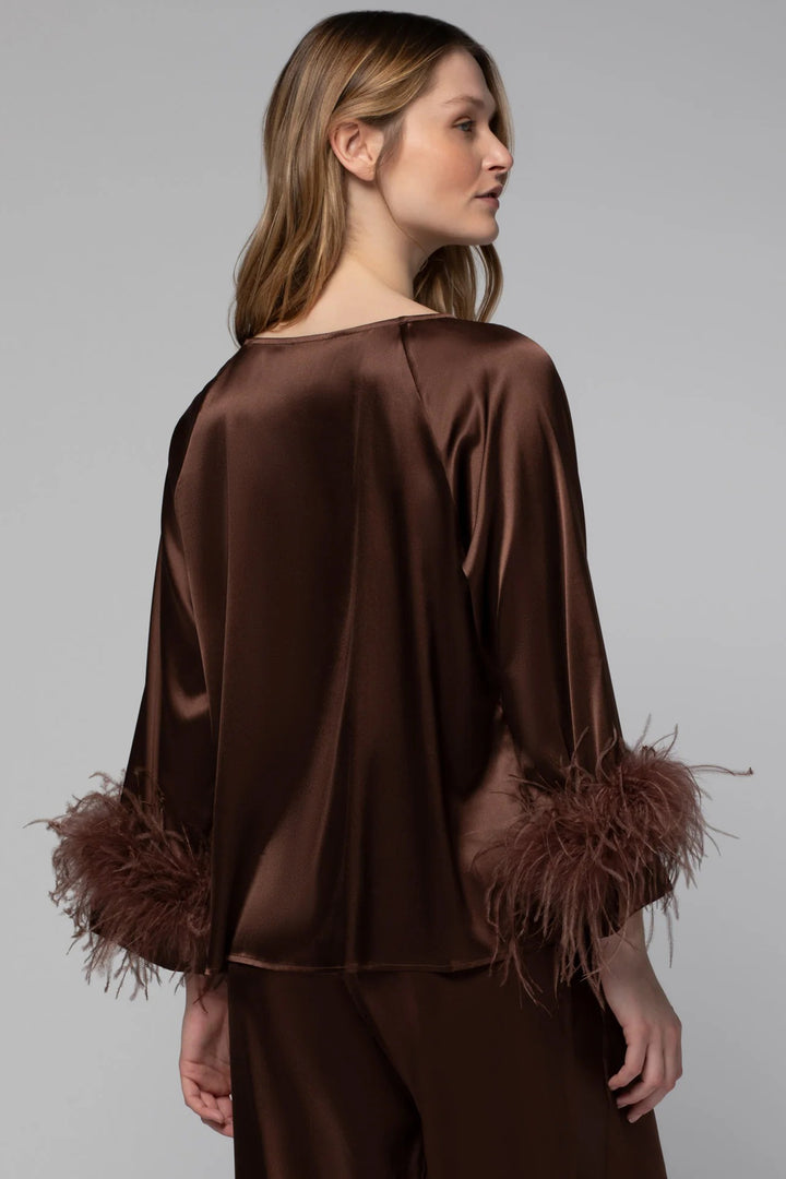 Max&Moi Triss Brown Removable Feather Cuff Stretch Silk Top