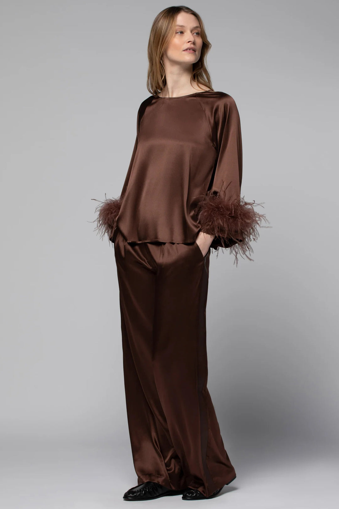 Max&Moi Triss Brown Removable Feather Cuff Stretch Silk Top