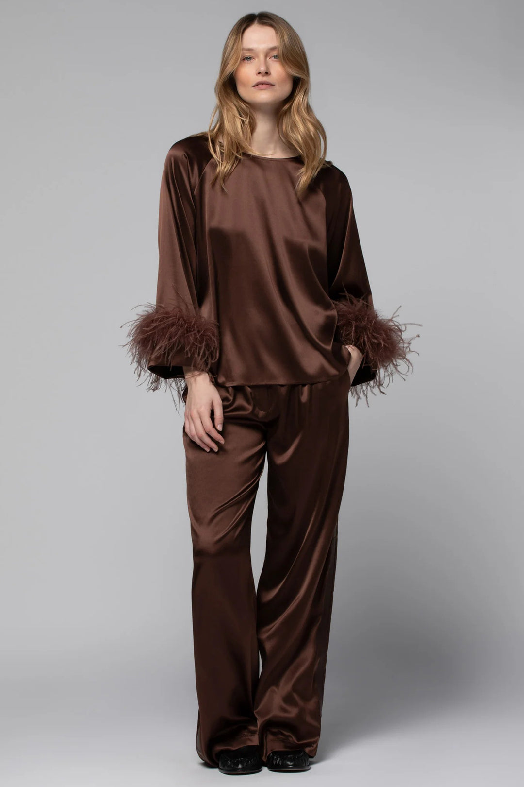 Max&Moi Triss Brown Removable Feather Cuff Stretch Silk Top
