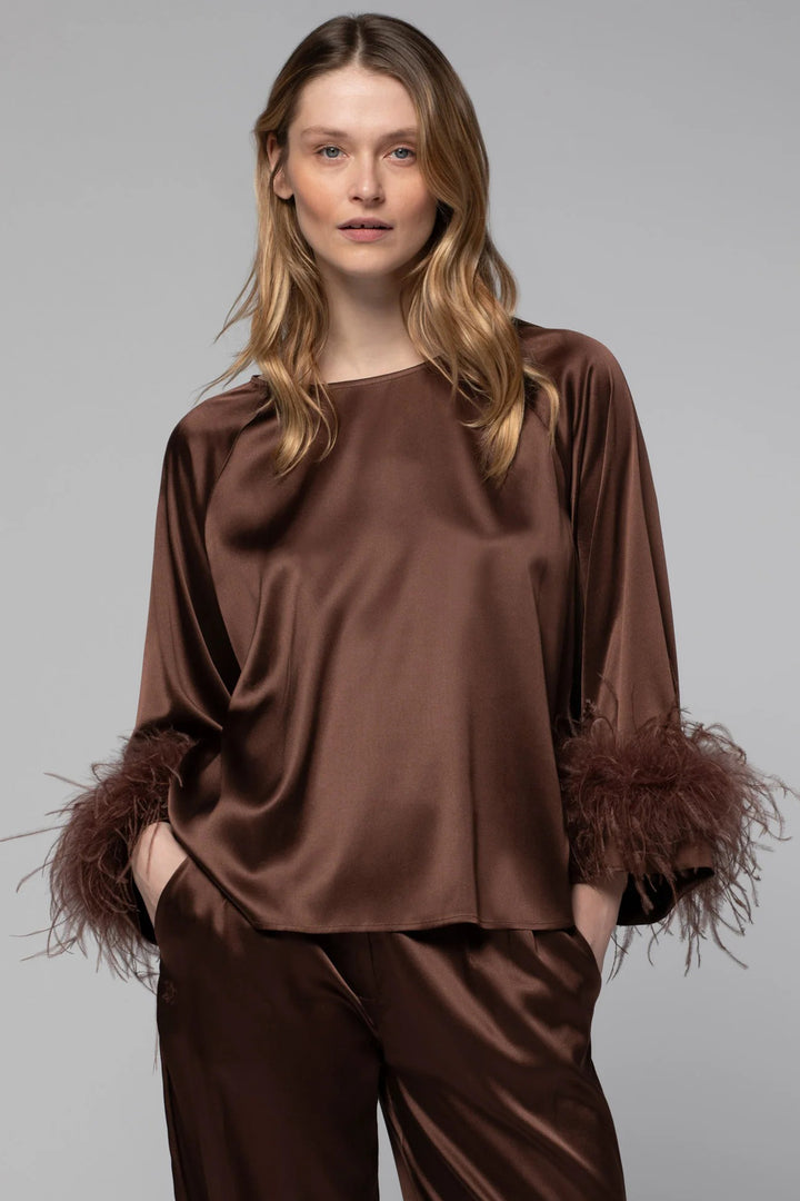 Max&Moi Triss Brown Removable Feather Cuff Stretch Silk Top