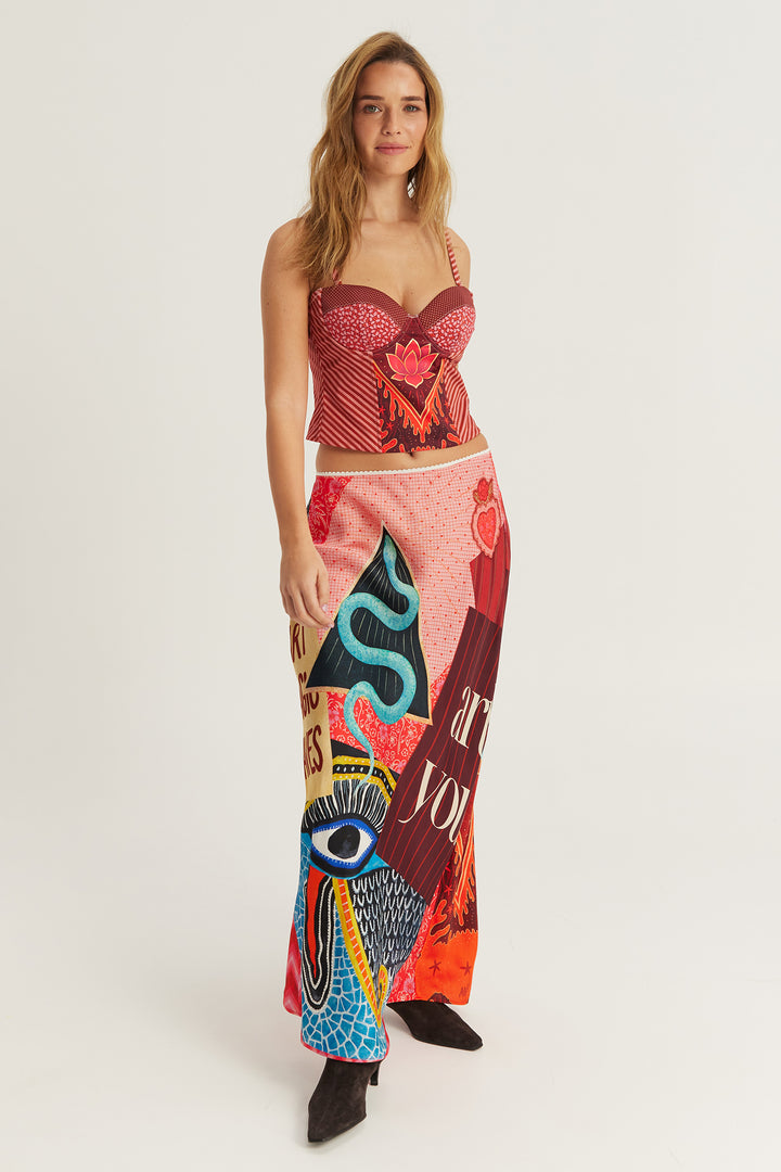 Me369 Blakely Red Aura Slip Skirt 226L60380546, full length front view