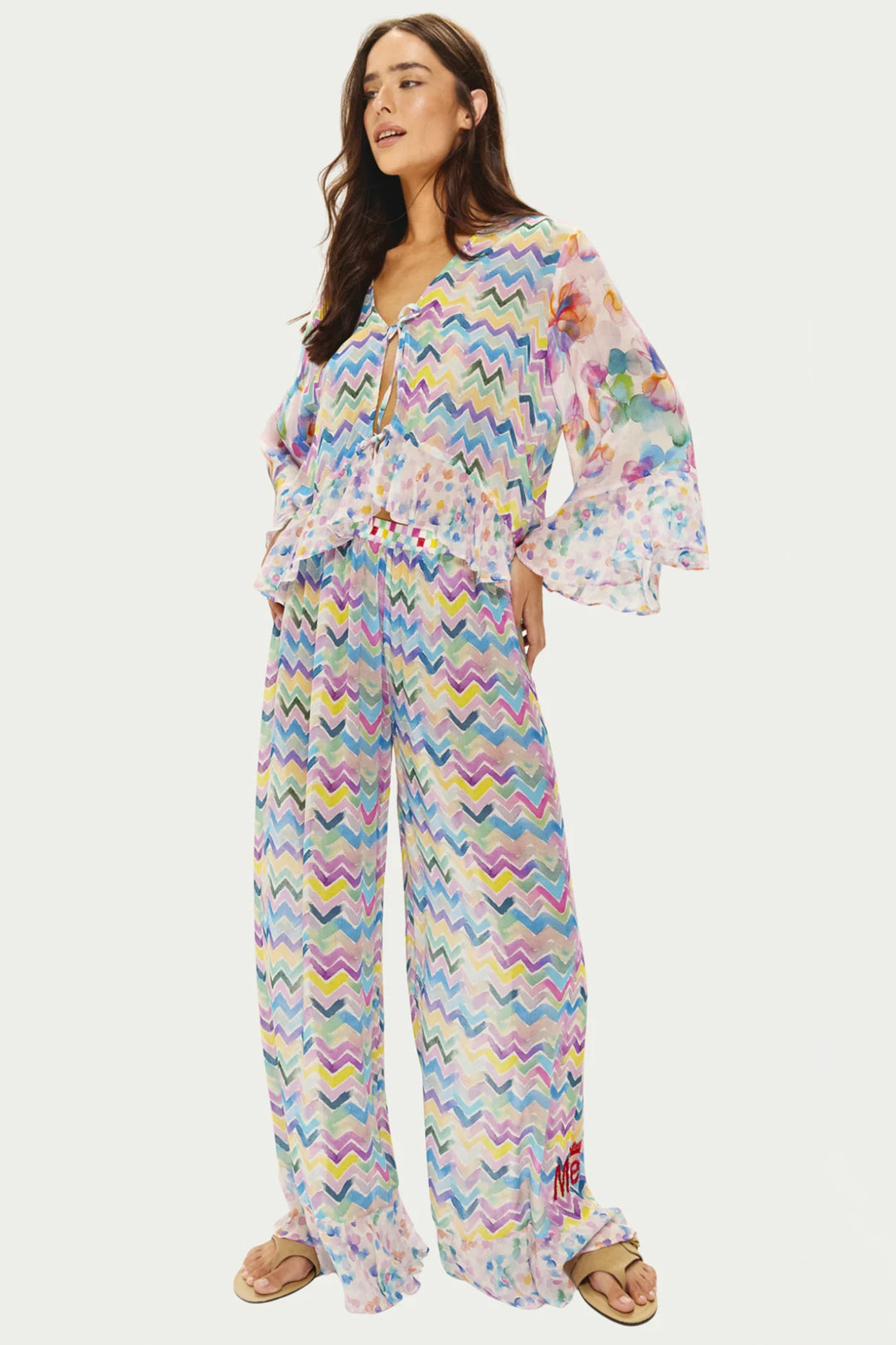 Me369 Dahlia Multicolour Fairy Dust Print Ruffled Cropped Blouse