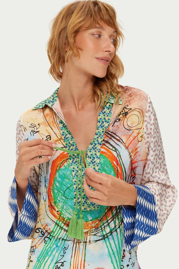 Me369 Mia Multicolour Runic Whisper Print String Tie Collar Blouse