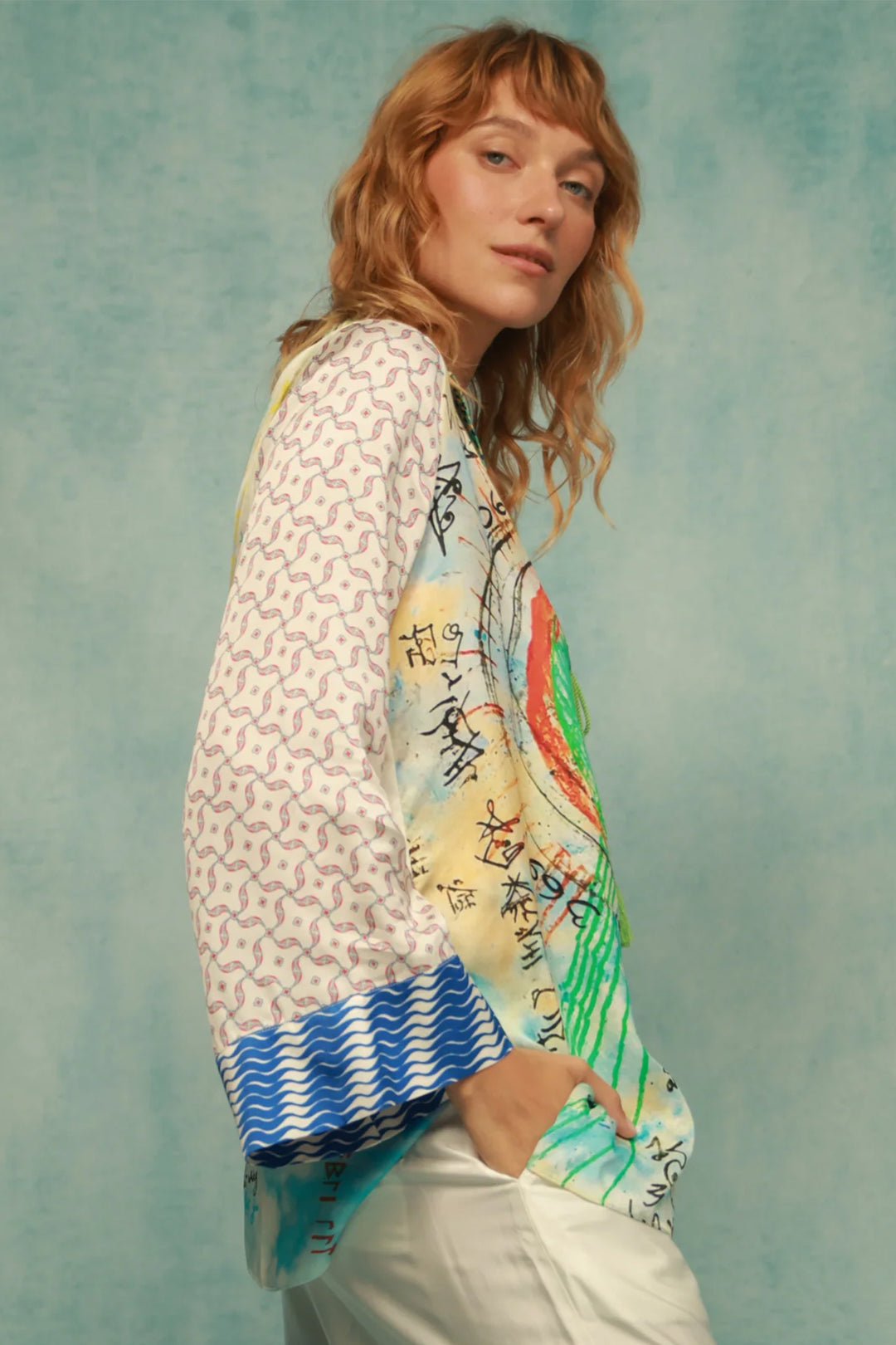 Me369 Mia Multicolour Runic Whisper Print String Tie Collar Blouse