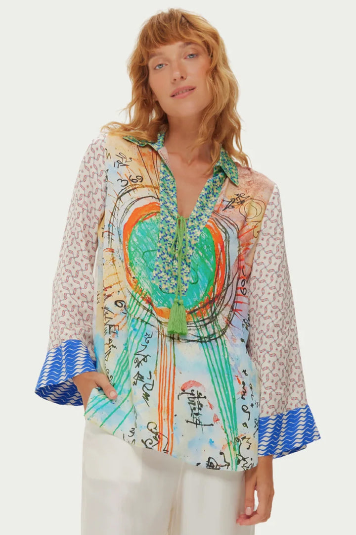 Me369 Mia Multicolour Runic Whisper Print String Tie Collar Blouse