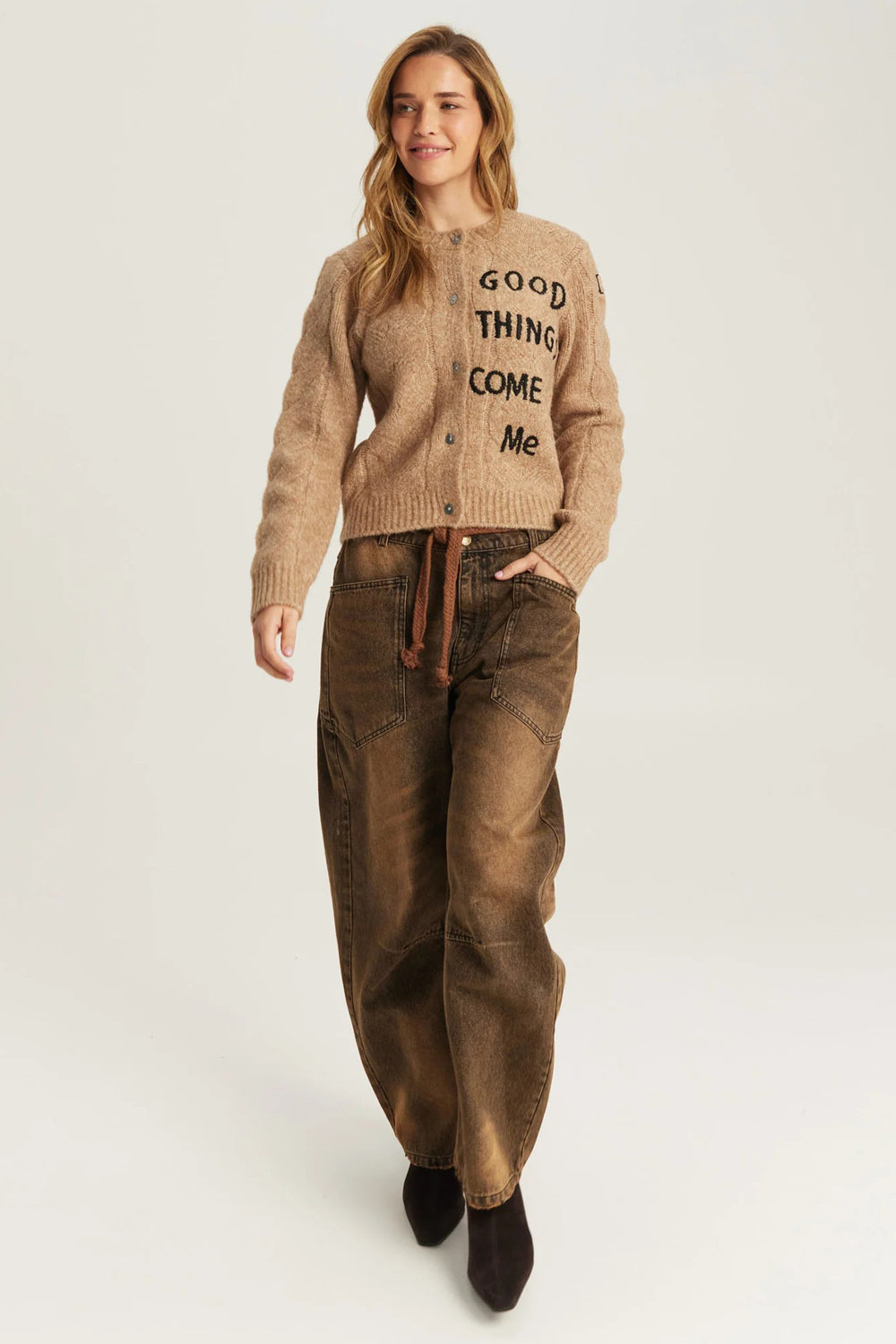 Me369 Myra Stone Beige Cropped Cardigan 226S91282520, full length front view