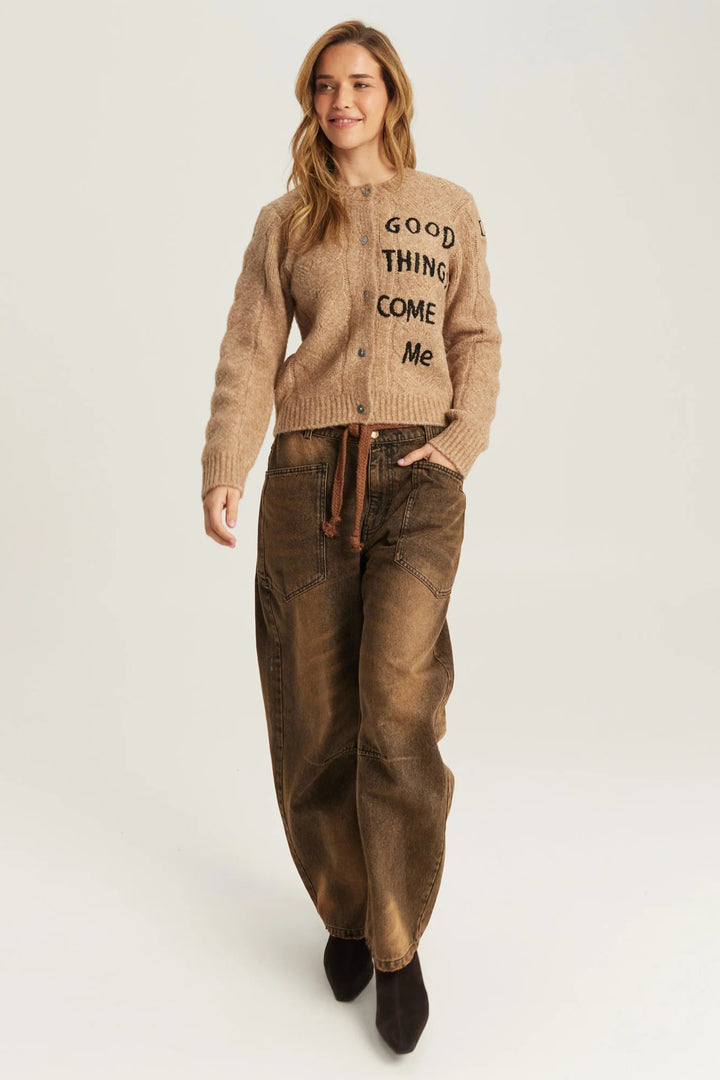 Me369 Myra Stone Beige Cropped Cardigan 226S91282520, full length front view