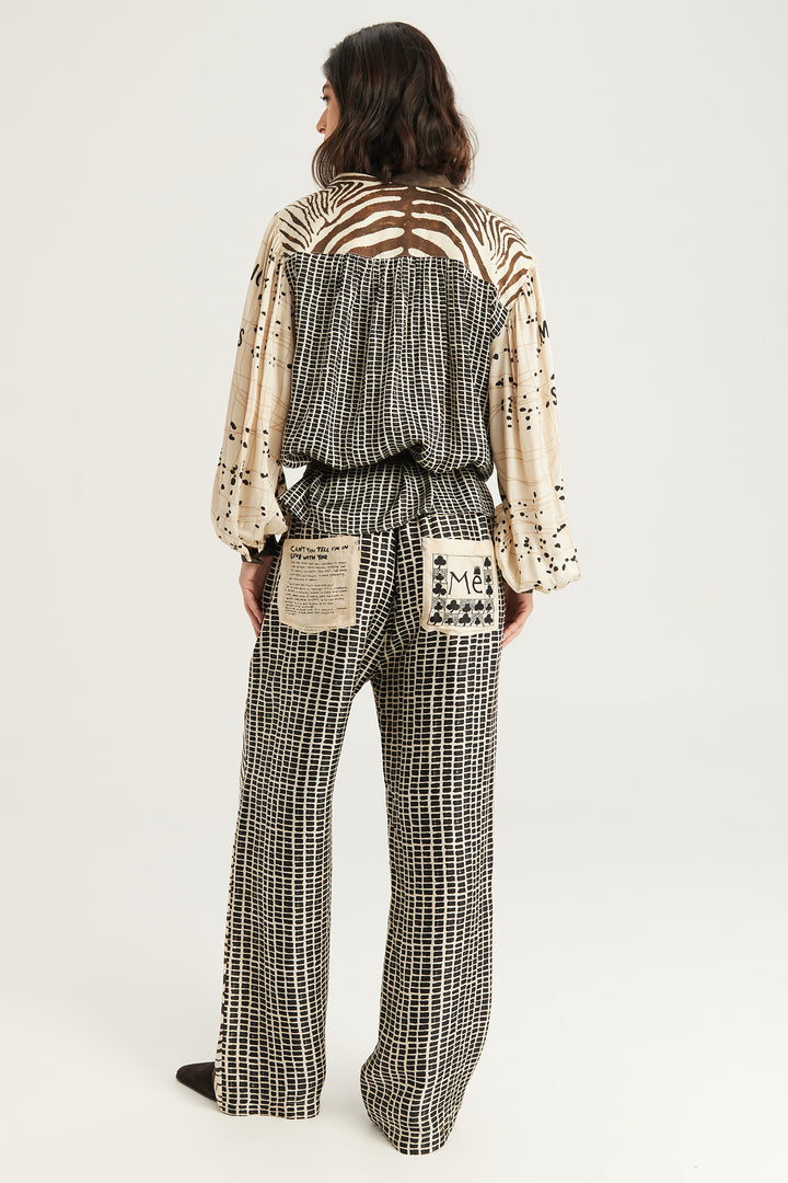 Me369 Rona Noir Muse Brown Painters Shirt 226L31508717, back view styled with matching trousers
