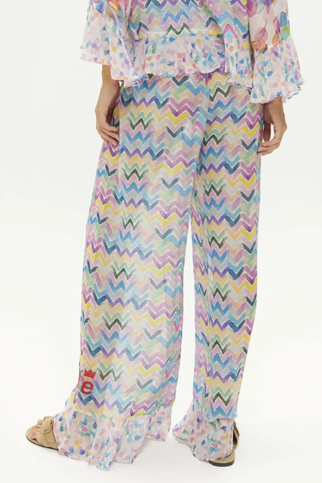 ME369 Rosie Multicolour Dream Print Ruffled Wide Leg Trousers 1265047615