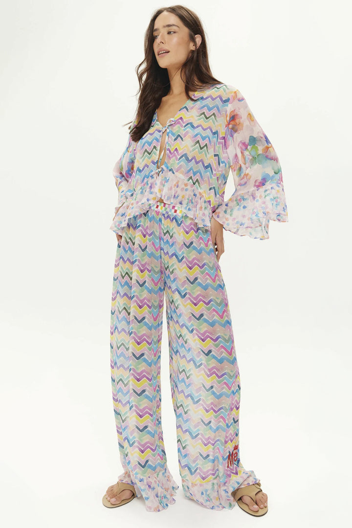 ME369 Rosie Multicolour Dream Print Ruffled Wide Leg Trousers 1265047615