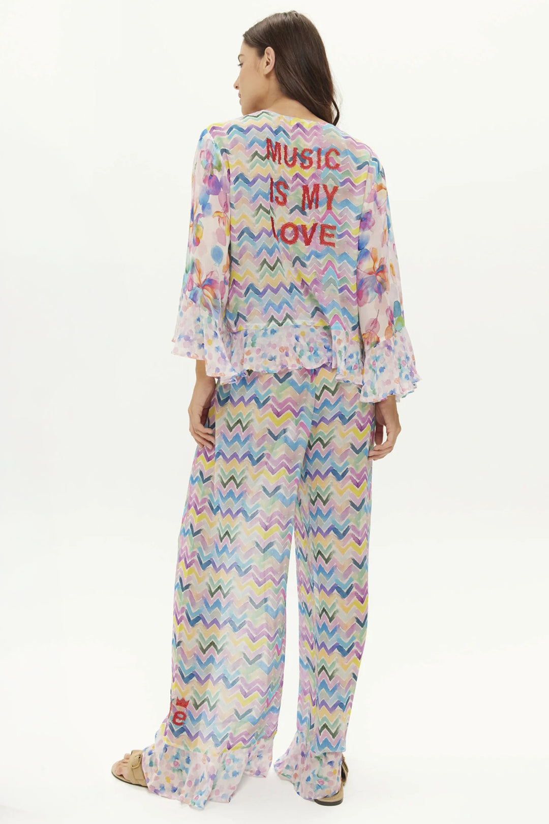 ME369 Rosie Multicolour Dream Print Ruffled Wide Leg Trousers 1265047615