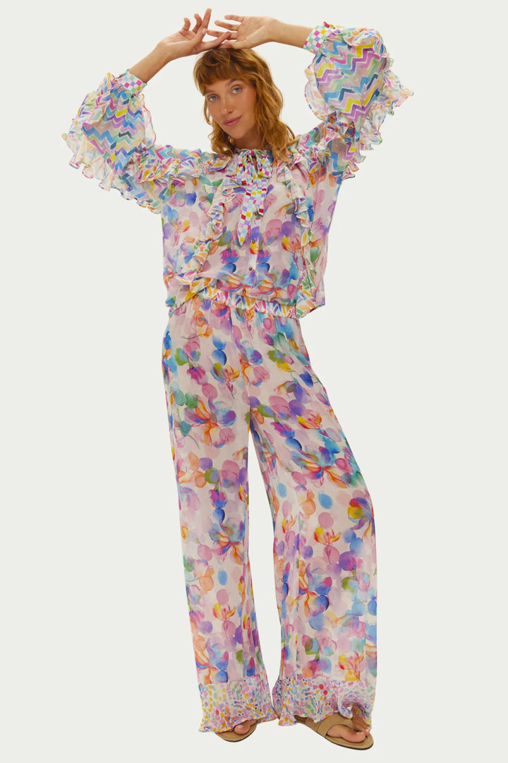 Me369 Rosie Multicolour Fairy Dust Print Ruffled Wide Leg Trousers