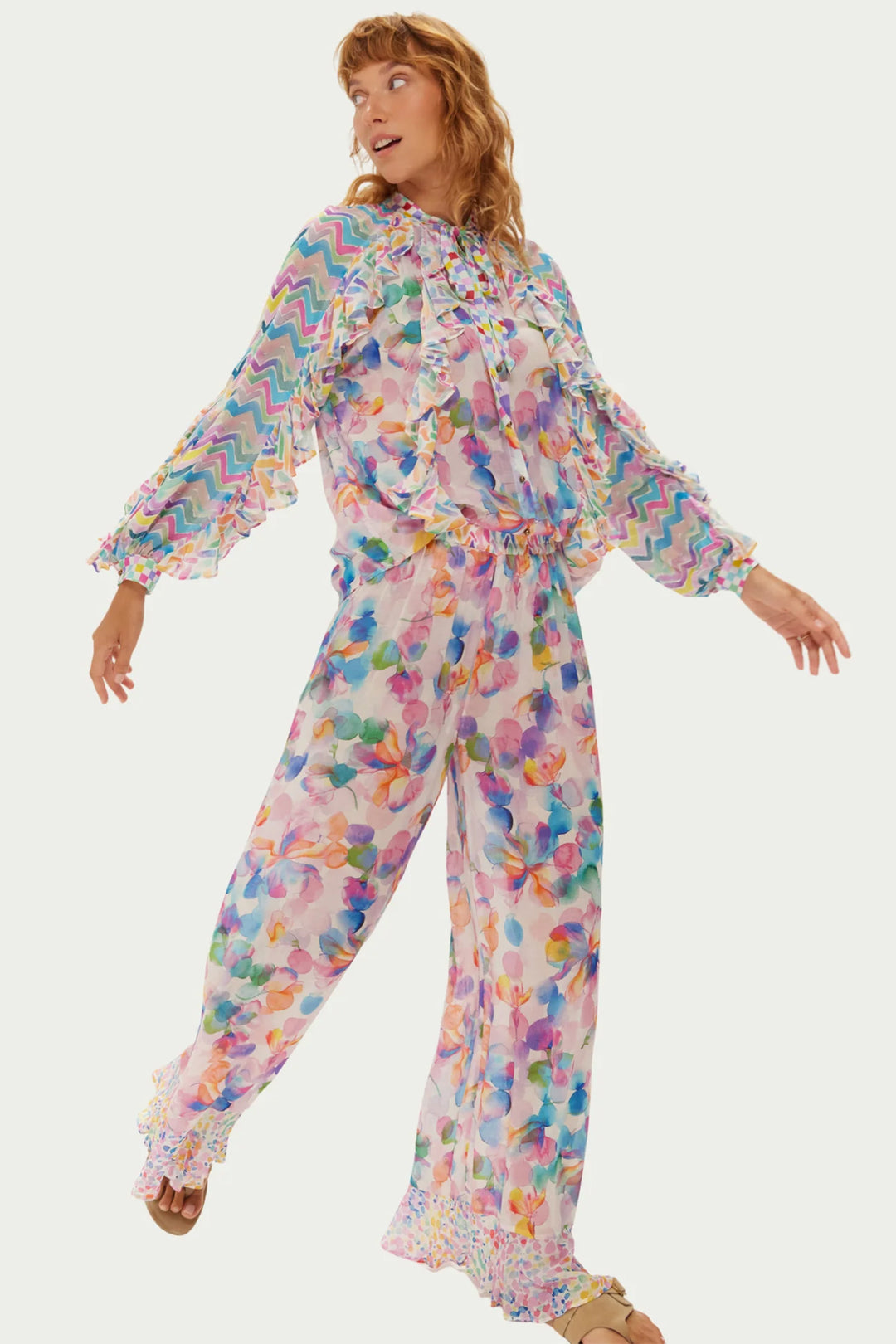 Me369 Rosie Multicolour Fairy Dust Print Ruffled Wide Leg Trousers