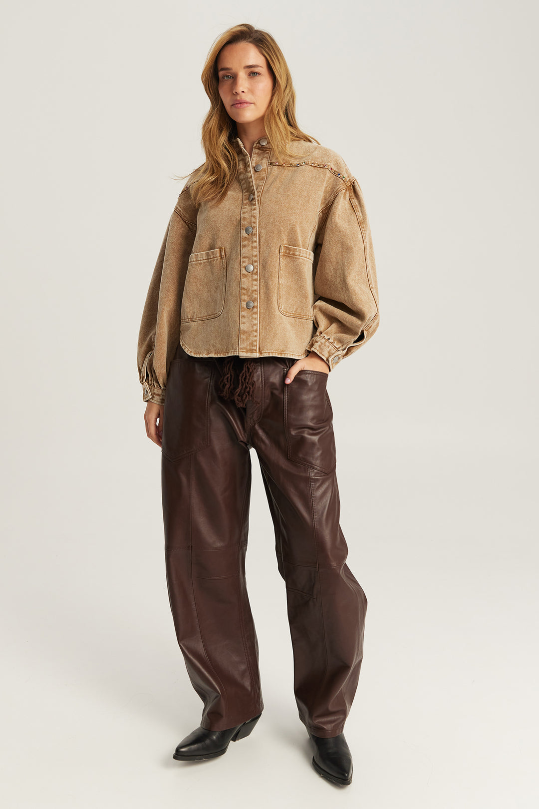 Me369 Roux Mustard Brown Drill Rivet Jacket 226L50416577, full length front view