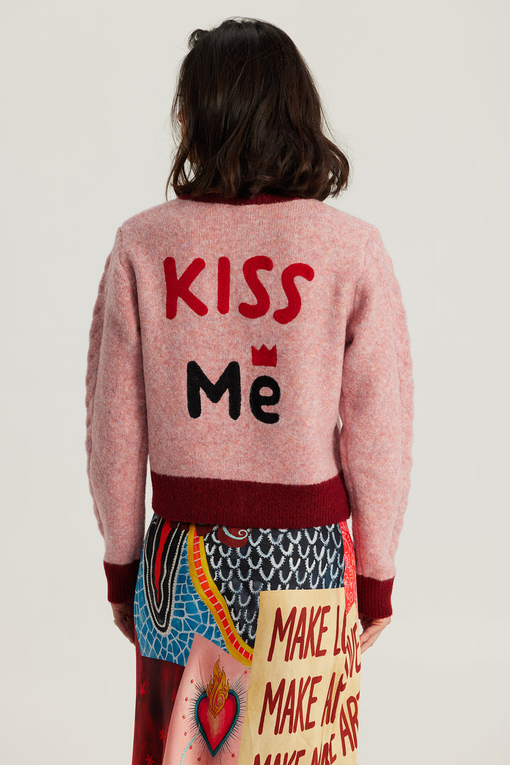 Me369 Sofi Pink Cable Knit Cardigan 226S91283592, back view with Kiss Me lettering