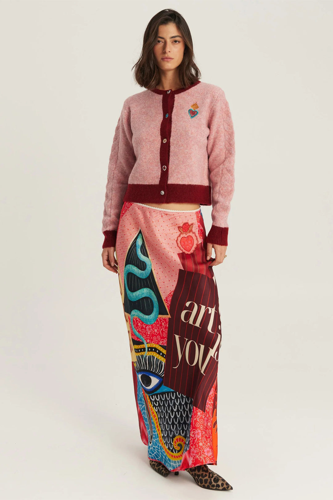 Me369 Sofi Pink Cable Knit Cardigan 226S91283592, styled full length view