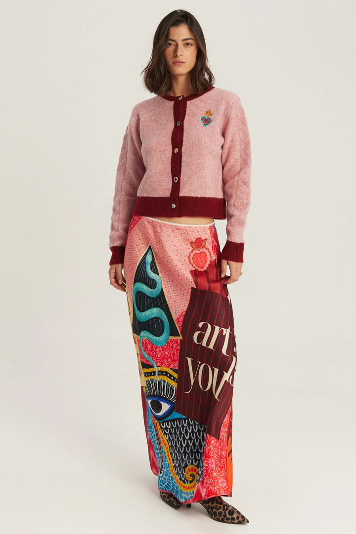 Me369 Sofi Pink Cable Knit Cardigan 226S91283592, styled full length view