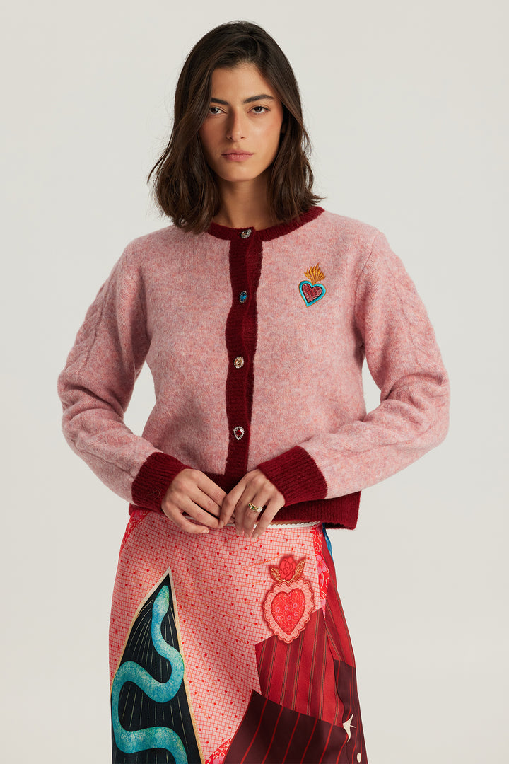 Me369 Sofi Pink Cable Knit Cardigan 226S91283592, front view