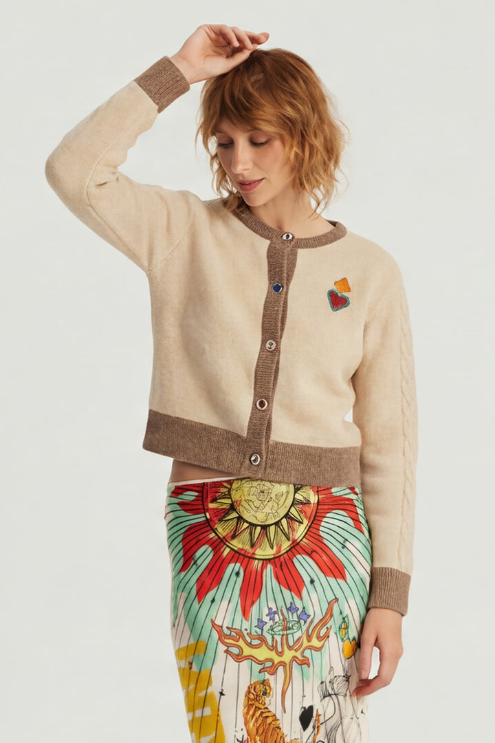 Me369 Sofi Stone Beige Cable Knit Cardigan 226S91283520, front view